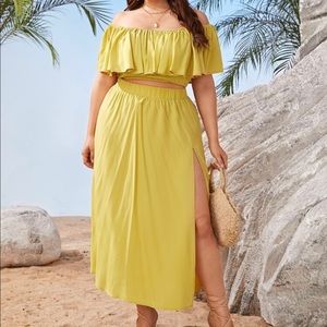 “Ruffle Trim Bardot Top and Slit Skirt” - yellow; SHEIN